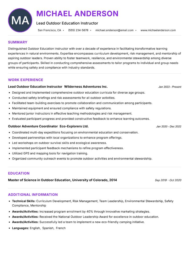 Outdoor Education Instructoreader resume example — ATS-friendly template