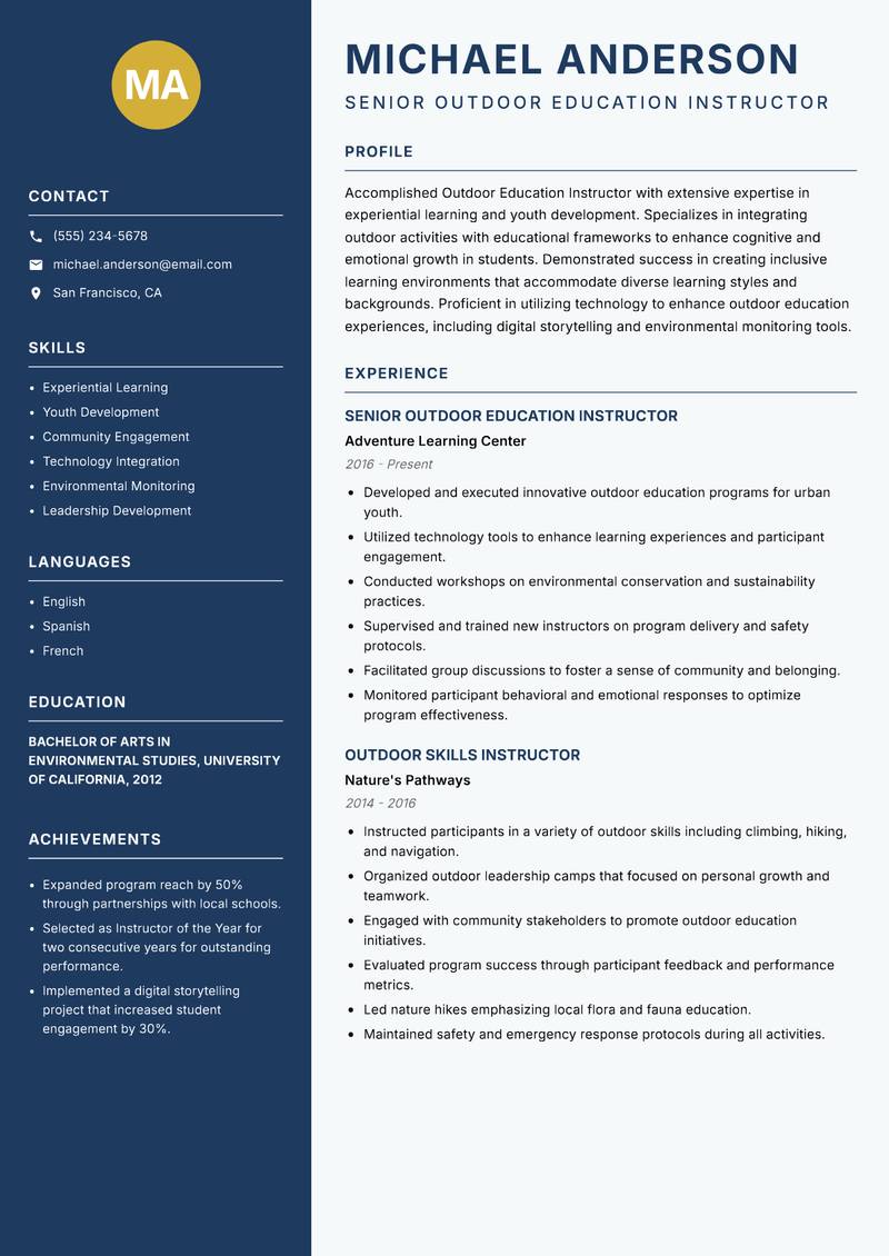 Outdoor Education Instructoreader resume template — Classic Clean