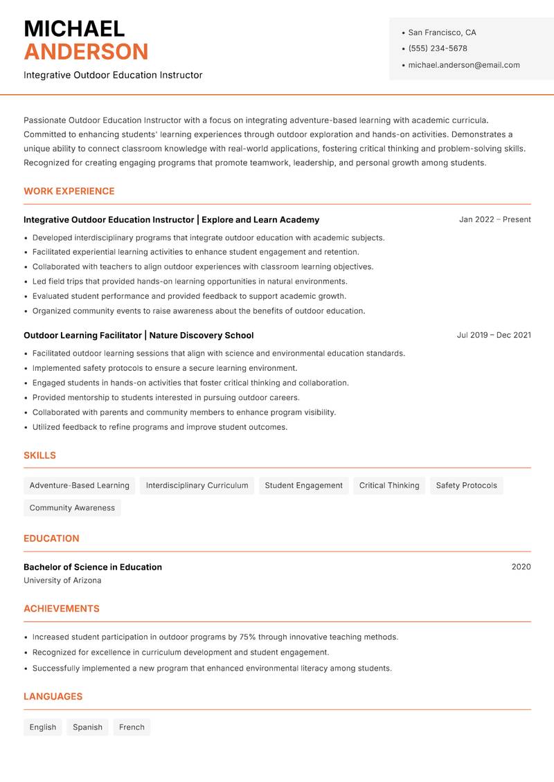 Outdoor Education Instructoreader resume template — Modern Professional