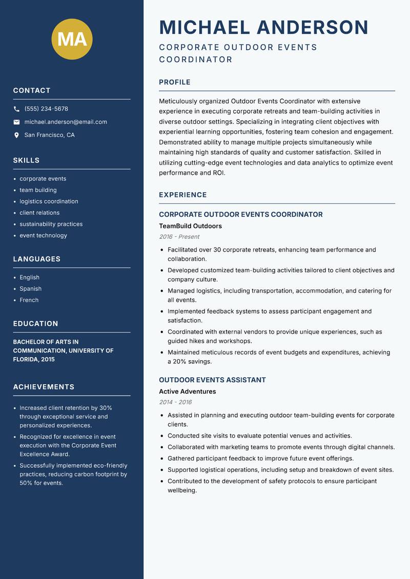 Outdoor Events Coordinator resume template — Classic Clean