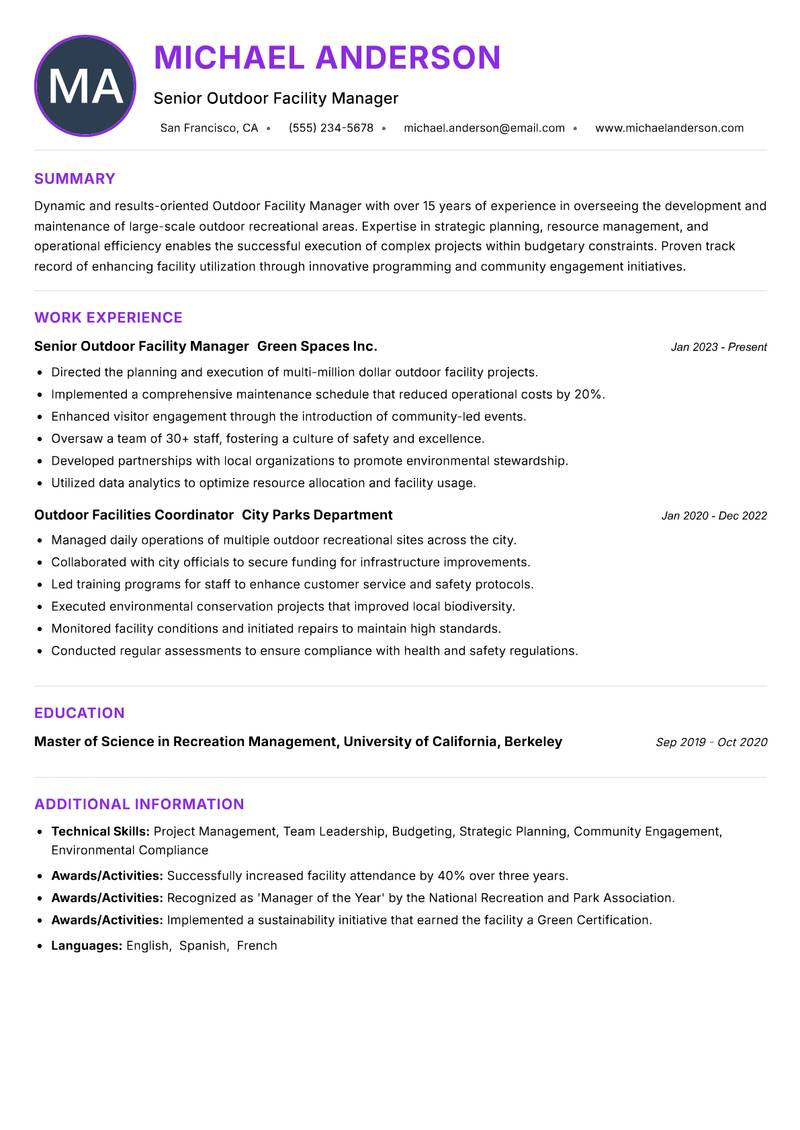 Outdoor Facility Manager resume example — ATS-friendly template