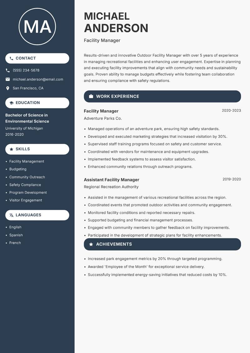 Outdoor Facility Manager resume template — Compact
