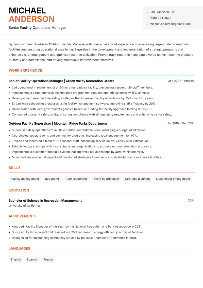 Outdoor Facility Manager resume template — Modern Professional