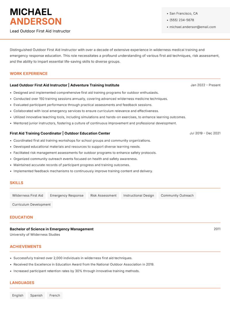 Outdoor First Aid Instructor resume template — Modern Professional