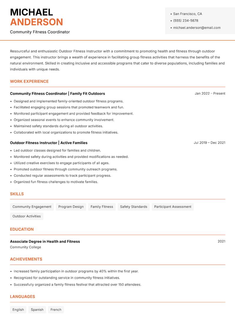 Outdoor Fitness Instructor resume template — Modern Professional