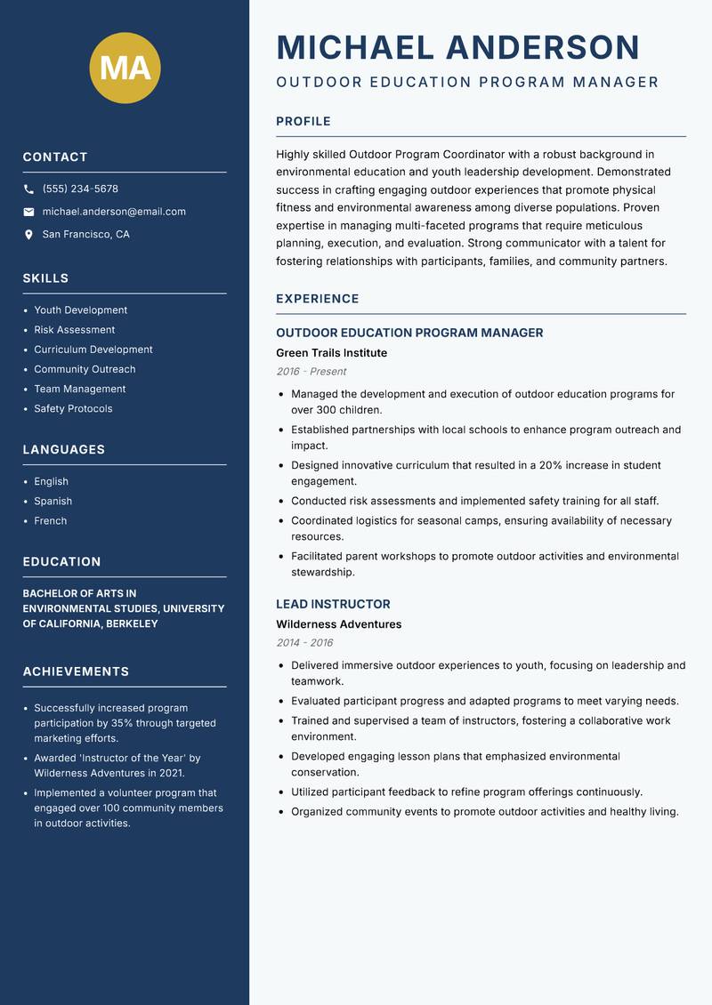 Outdoor Program Coordinator resume template — Classic Clean