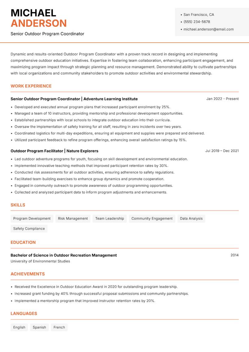 Outdoor Program Coordinator resume template — Modern Professional