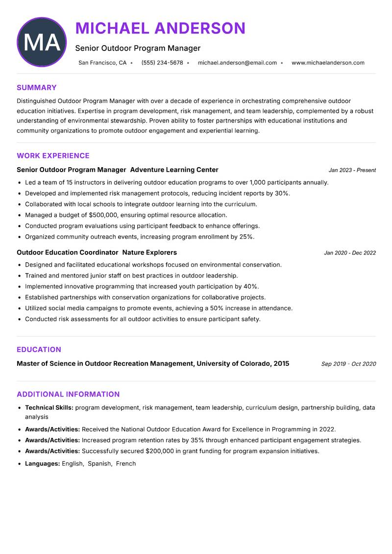 Outdoor Program Manager resume example — ATS-friendly template