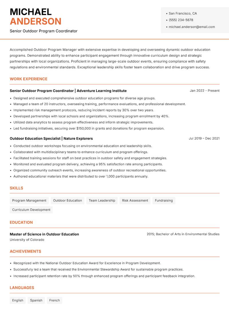 Outdoor Program Manager resume template — Modern Professional