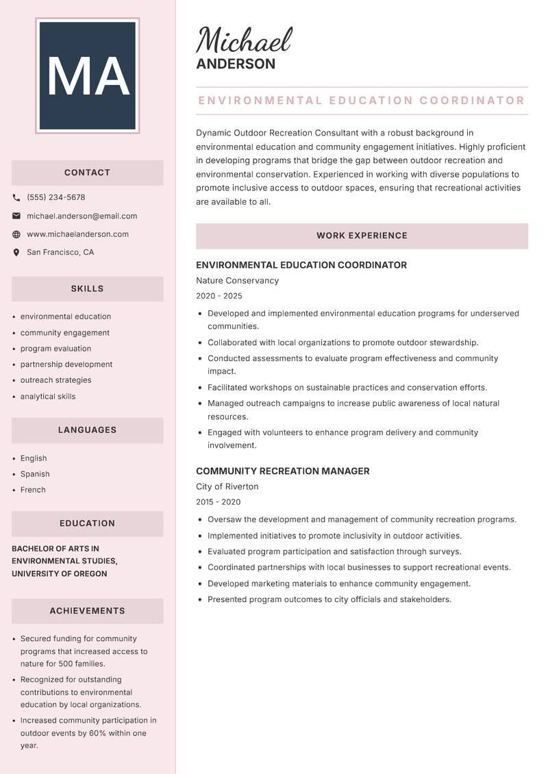 Outdoor Recreation Consultant resume template — Executive