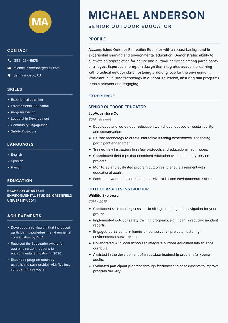 Outdoor Recreation Educator resume template — Classic Clean