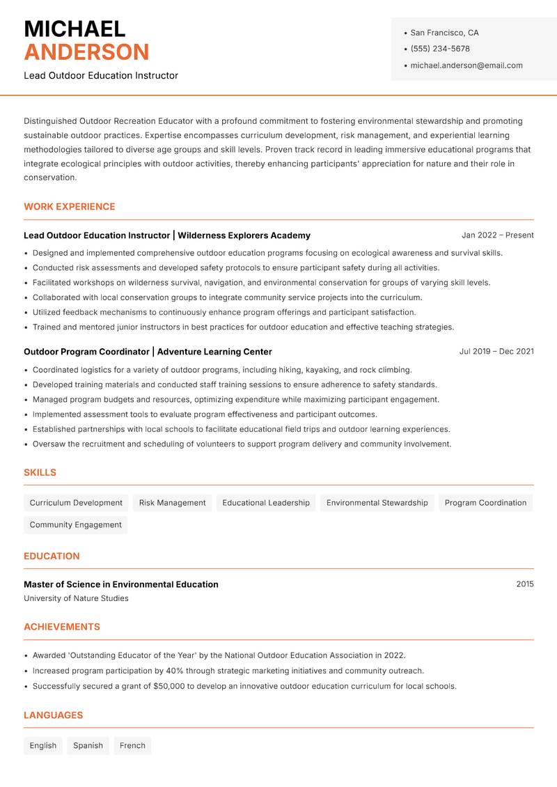 Outdoor Recreation Educator resume template — Modern Professional