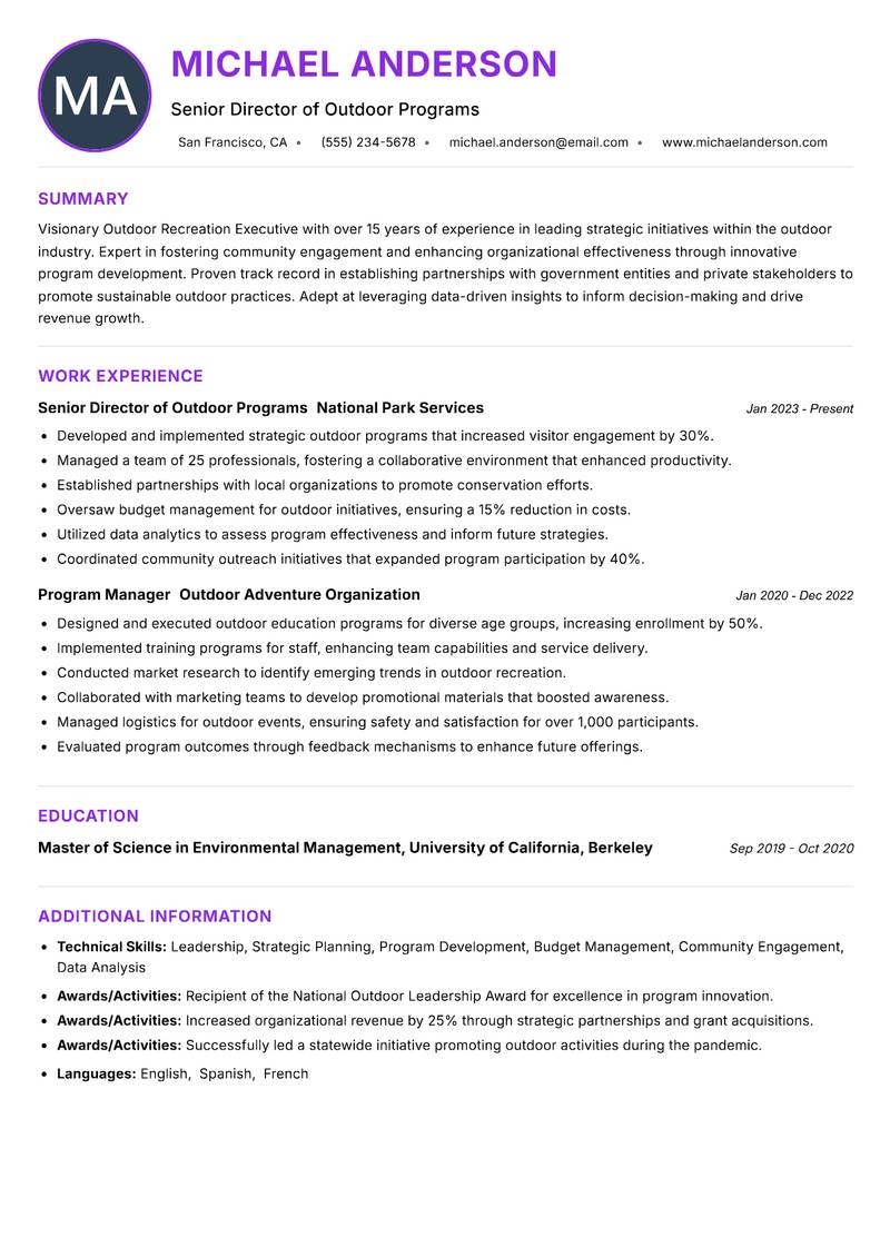 Outdoor Recreation Executive resume example — ATS-friendly template