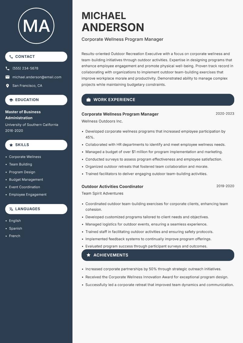 Outdoor Recreation Executive resume template — Compact