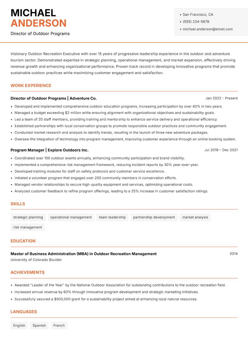 Outdoor Recreation Executive resume template — Modern Professional