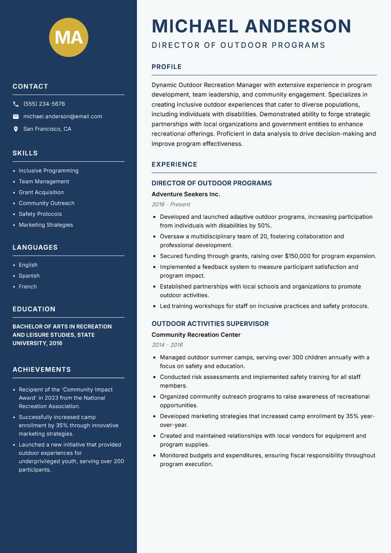 Outdoor Recreation Manager resume template — Classic Clean