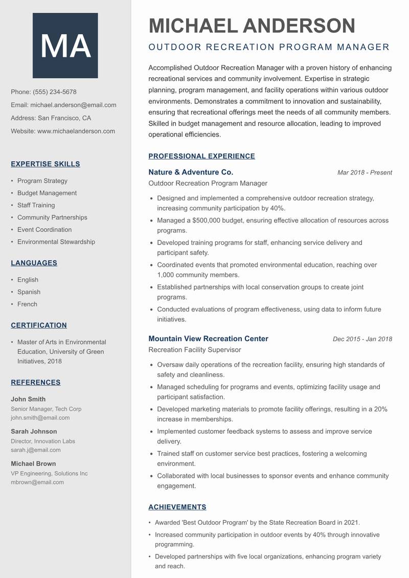 Outdoor Recreation Manager resume template — Creative Minimal