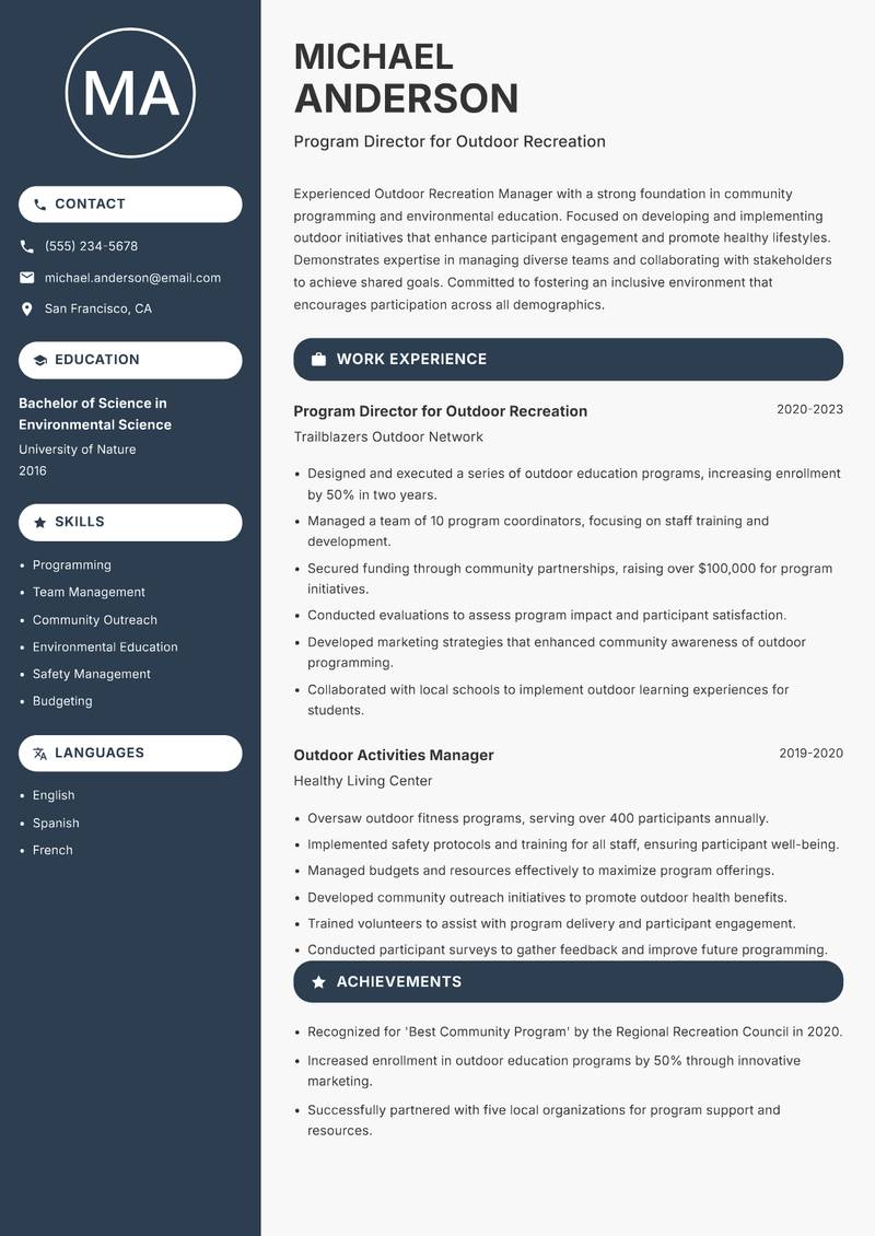 Outdoor Recreation Manager resume template — Compact