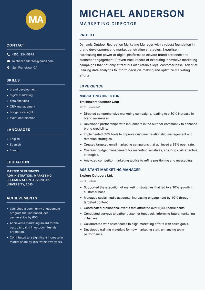 Outdoor Recreation Marketing Manager resume template — Classic Clean