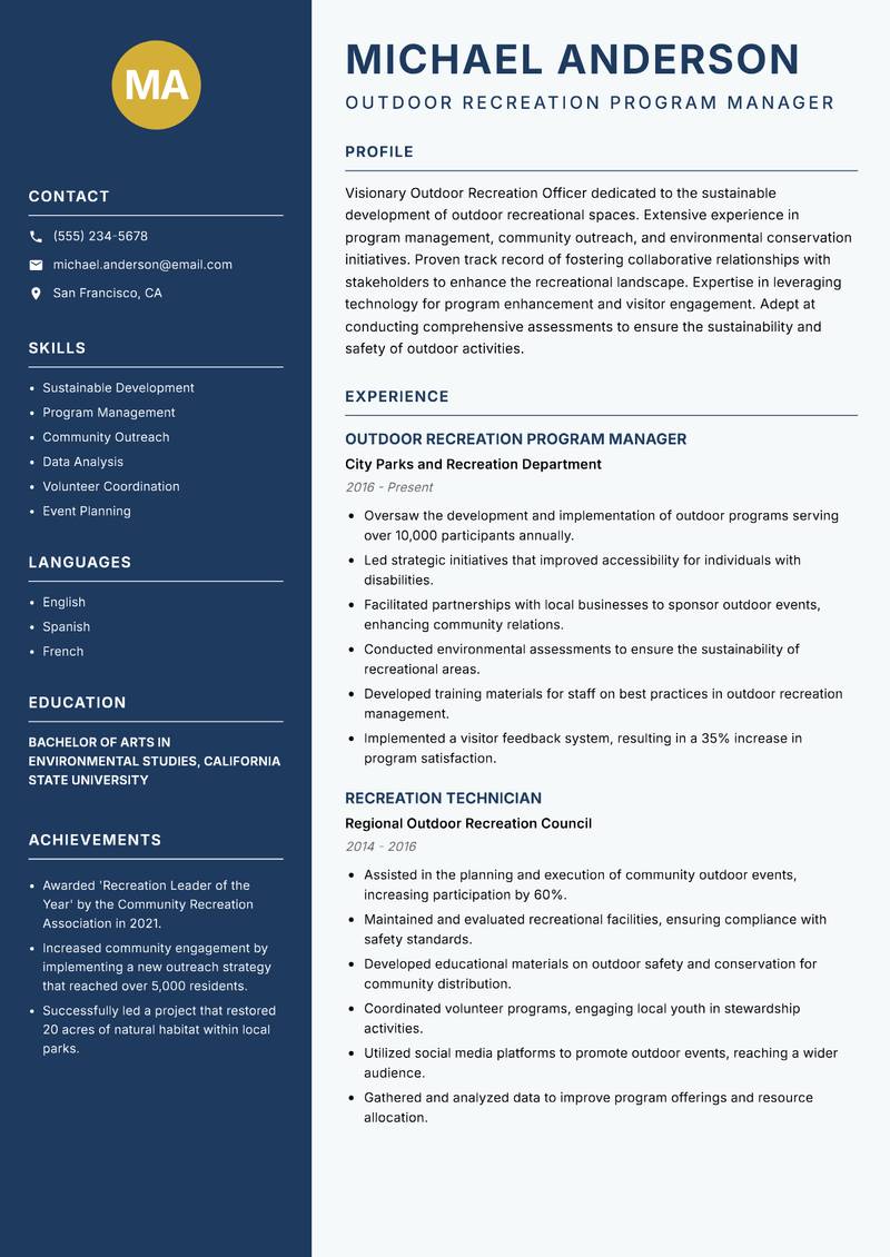 Outdoor Recreation Officer resume template — Classic Clean