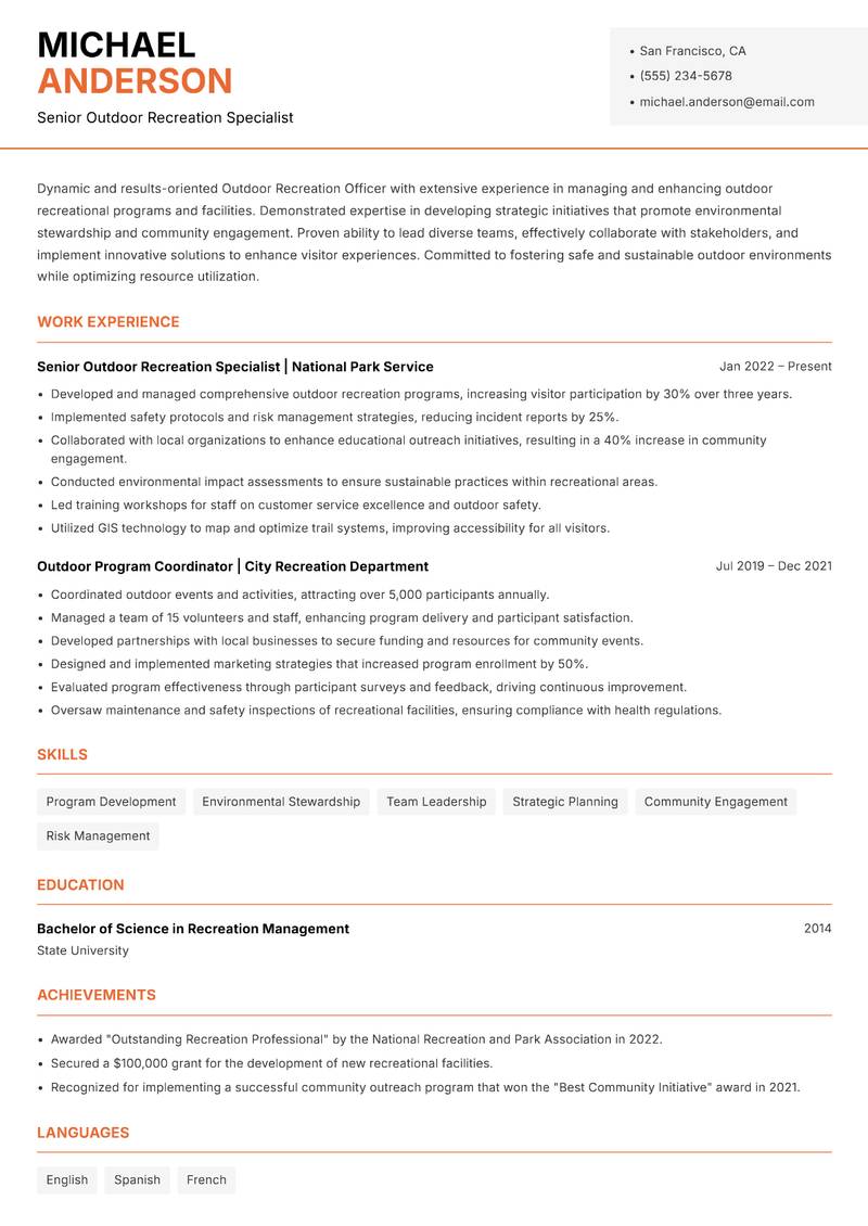 Outdoor Recreation Officer resume template — Modern Professional