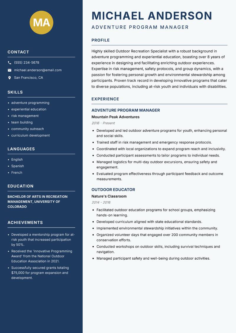 Outdoor Recreation Specialist resume template — Classic Clean