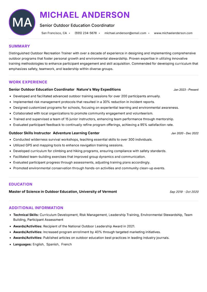 Outdoor Recreation Trainer resume example — ATS-friendly template
