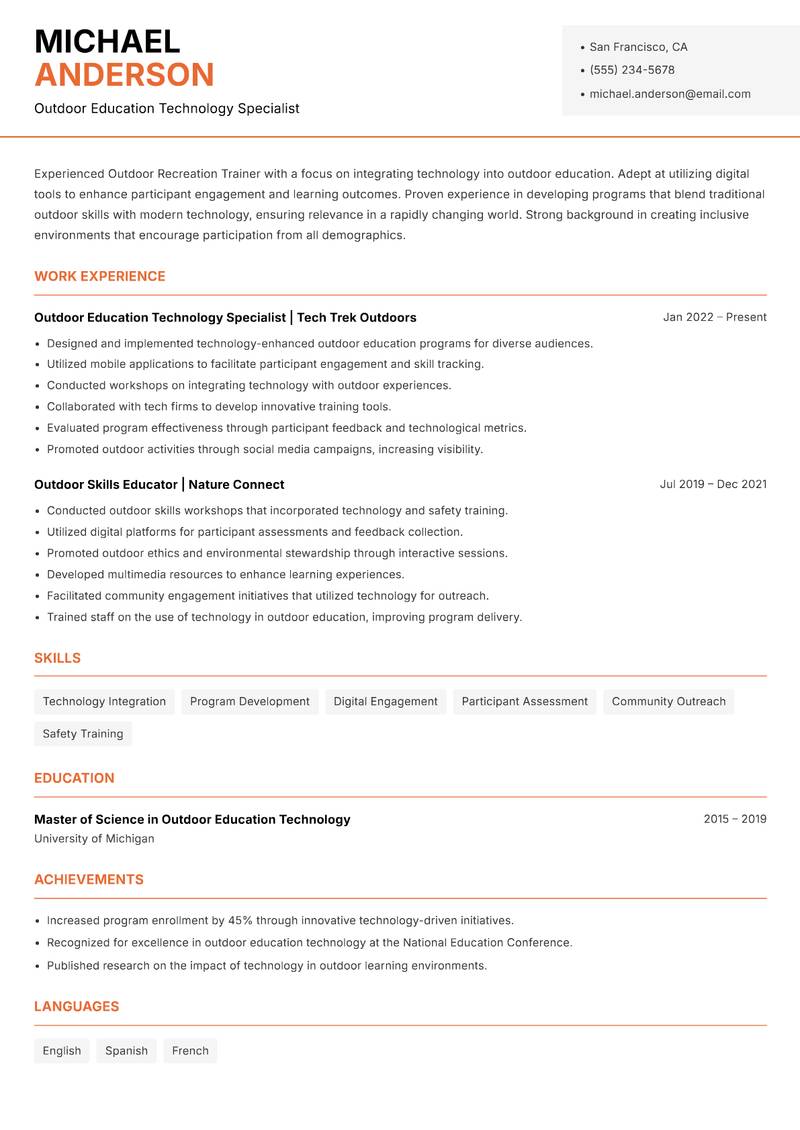 Outdoor Recreation Trainer resume template — Modern Professional