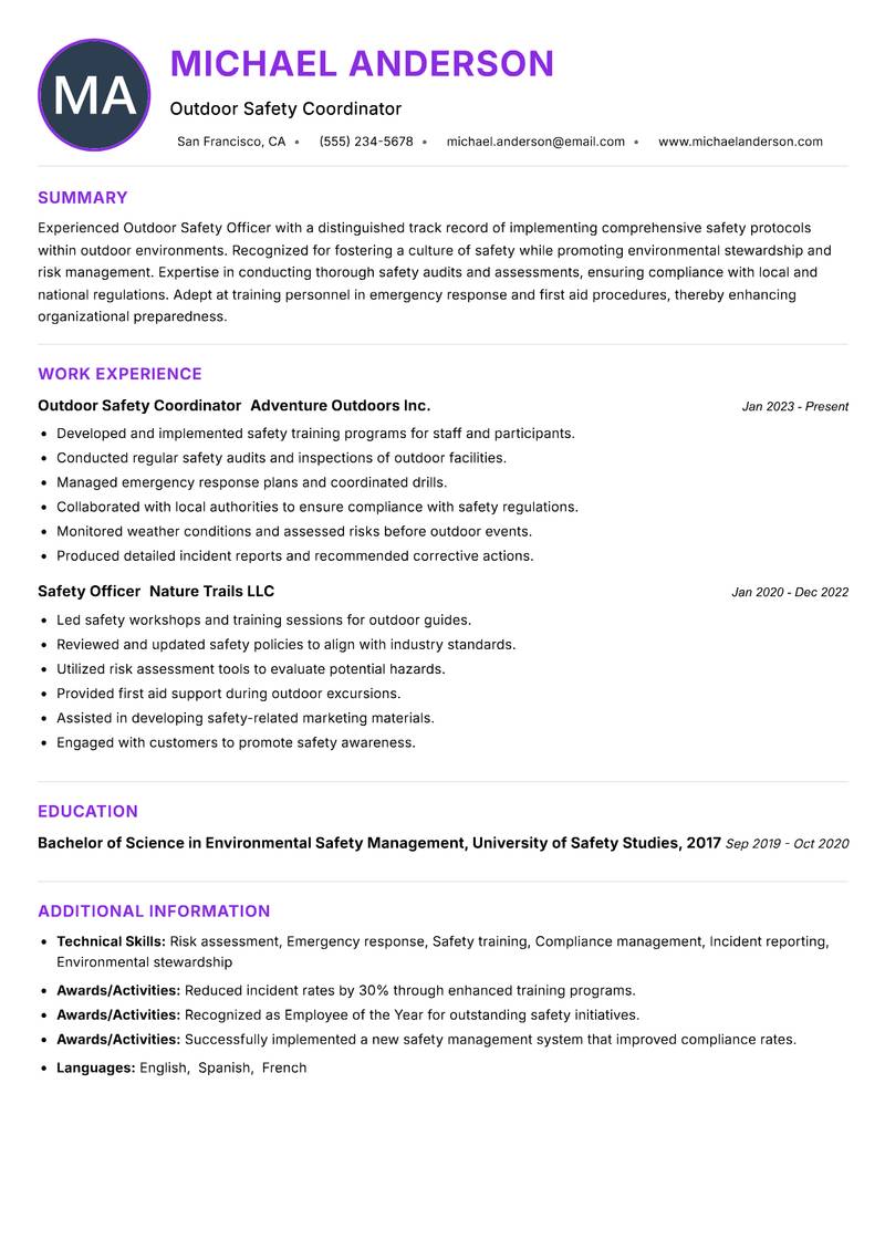 Outdoor Safety Officer resume example — ATS-friendly template