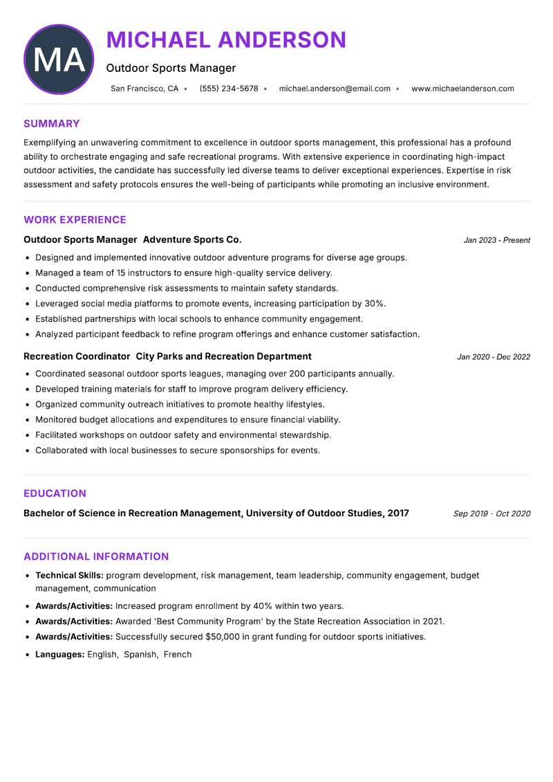 Outdoor Sports Coordinator resume example — ATS-friendly template