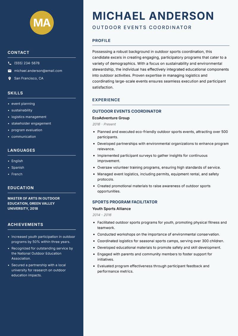 Outdoor Sports Coordinator resume template — Classic Clean