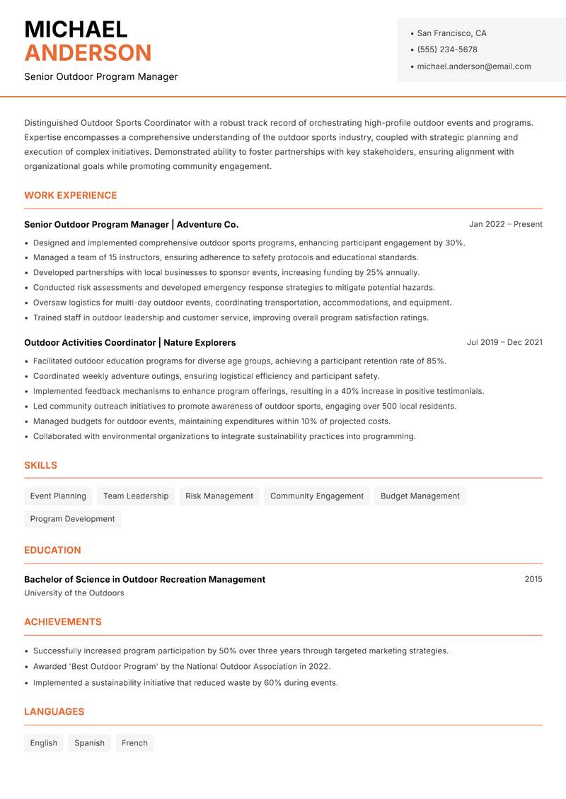 Outdoor Sports Coordinator resume template — Modern Professional