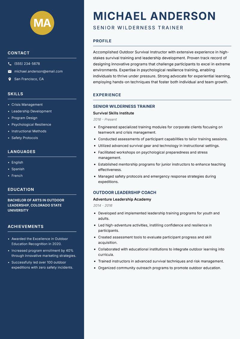 Outdoor Survival Instructor resume template — Classic Clean