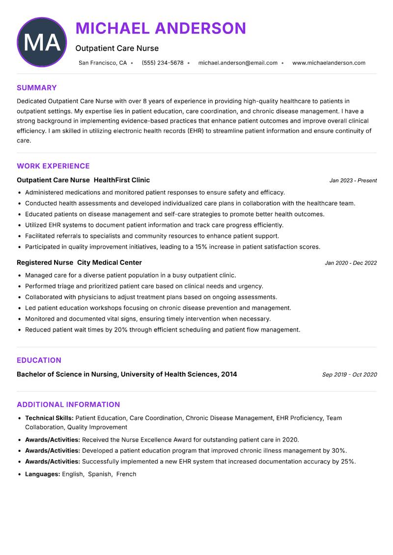 Outpatient Care Nurse resume example — ATS-friendly template