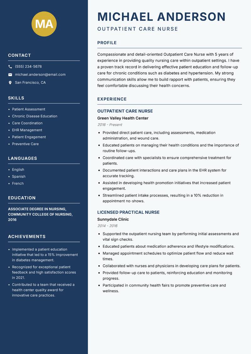 Outpatient Care Nurse resume template — Classic Clean