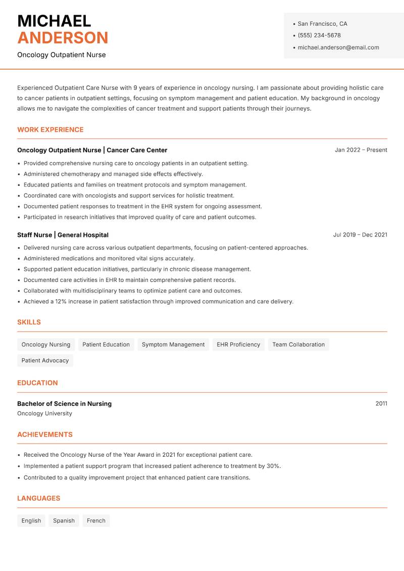 Outpatient Care Nurse resume template — Modern Professional