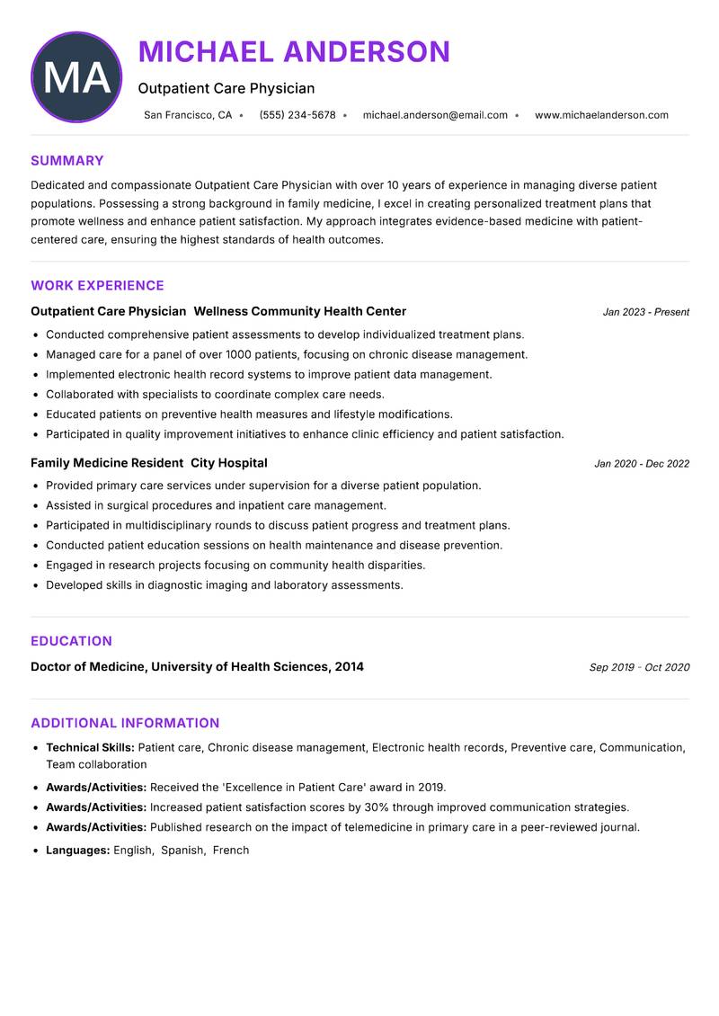 Outpatient Care Physician resume example — ATS-friendly template