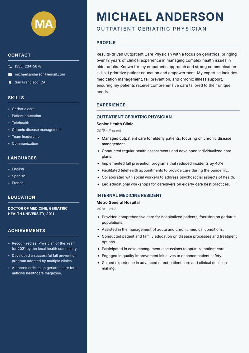 Outpatient Care Physician resume template — Classic Clean