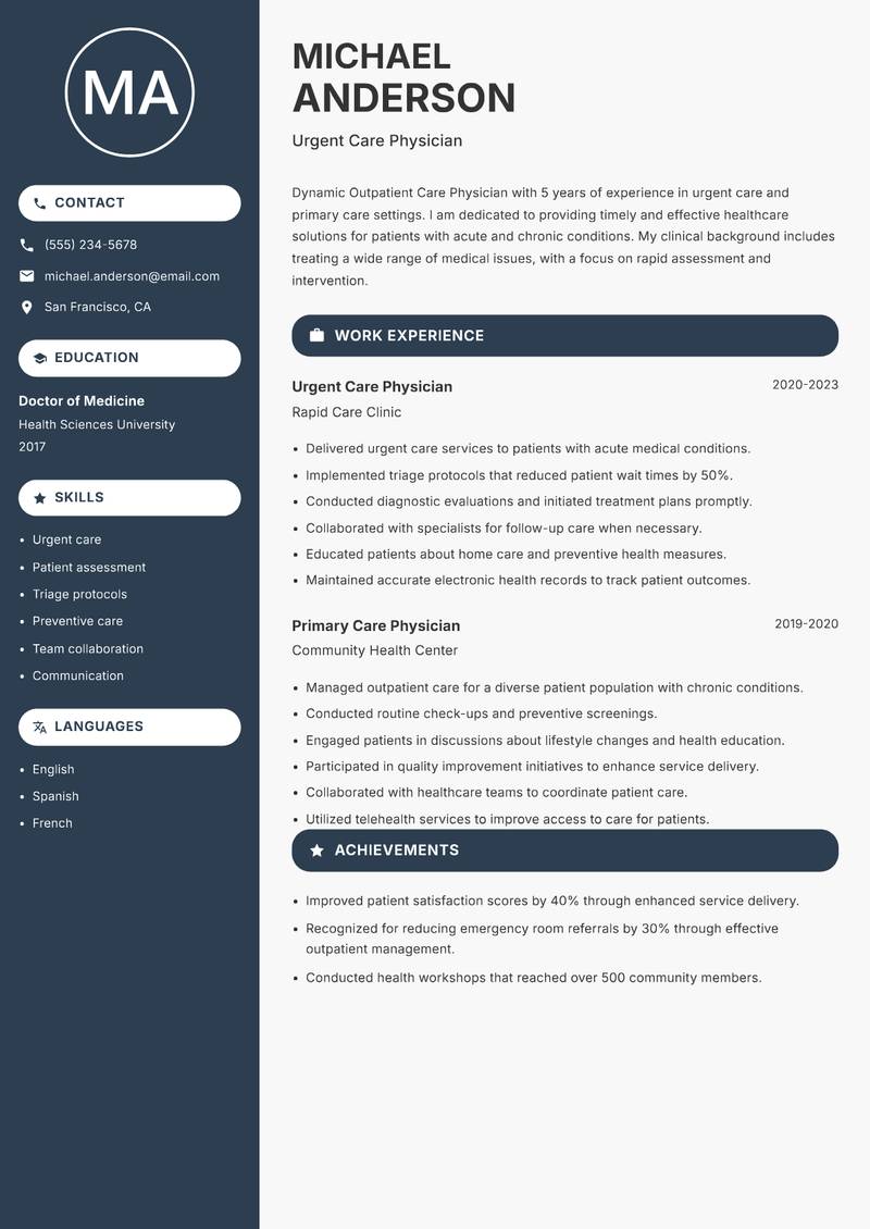 Outpatient Care Physician resume template — Compact