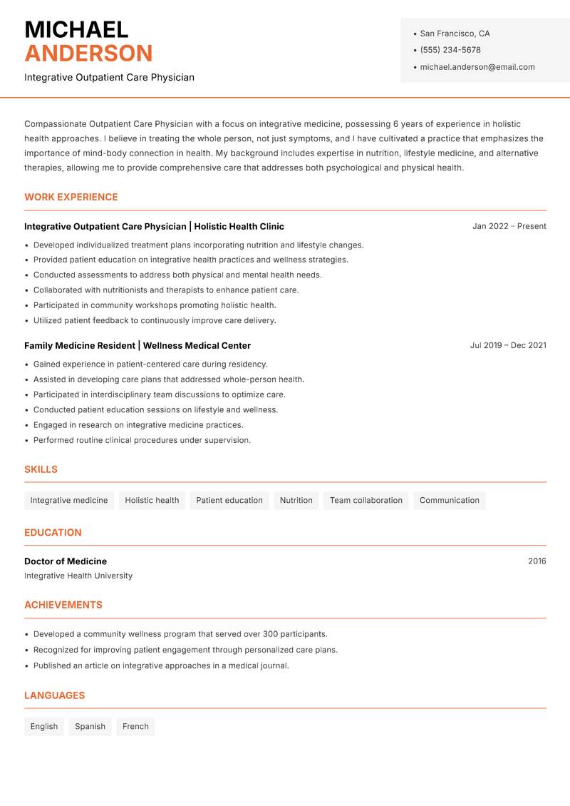 Outpatient Care Physician resume template — Modern Professional