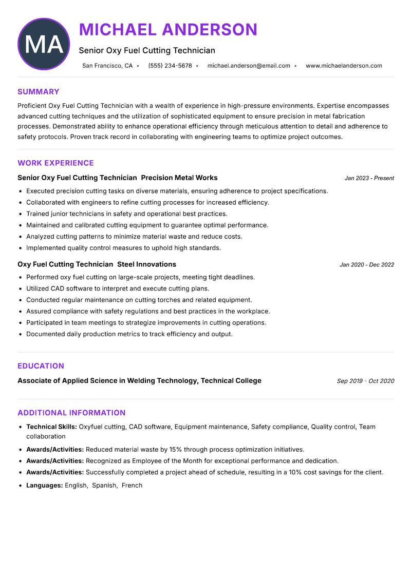 Oxy Fuel Cutting Technician resume example — ATS-friendly template