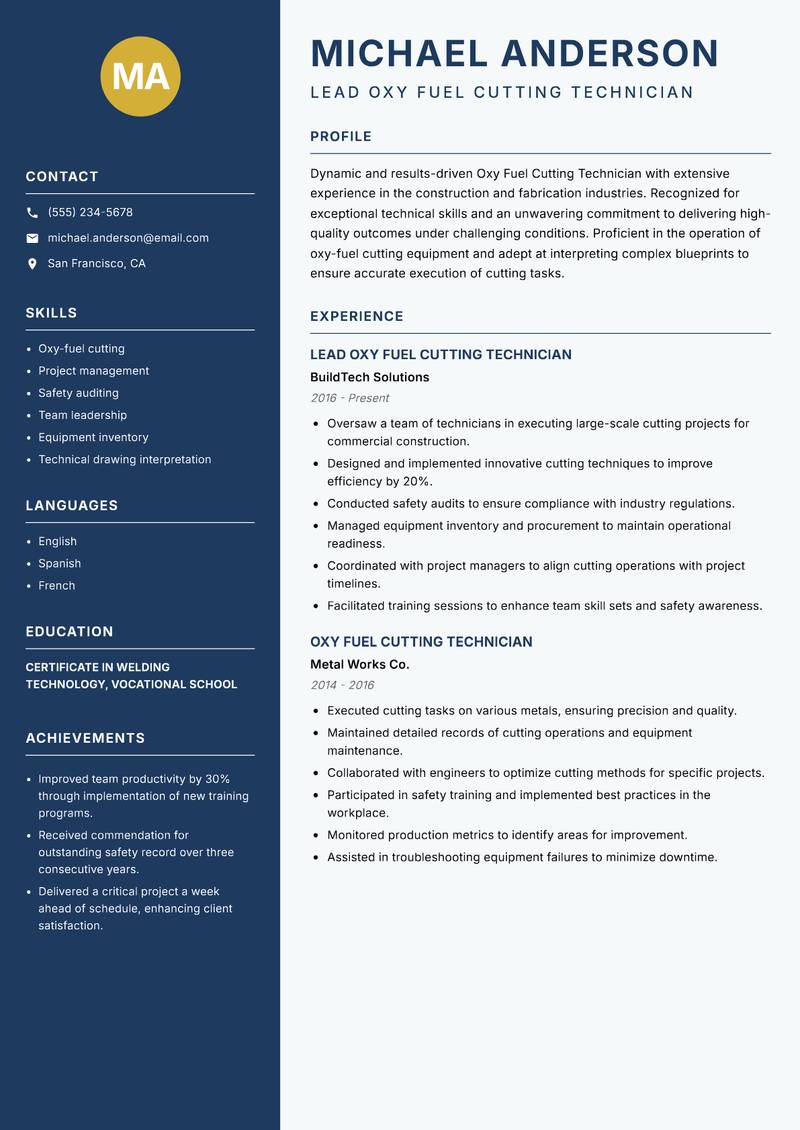 Oxy Fuel Cutting Technician resume template — Classic Clean