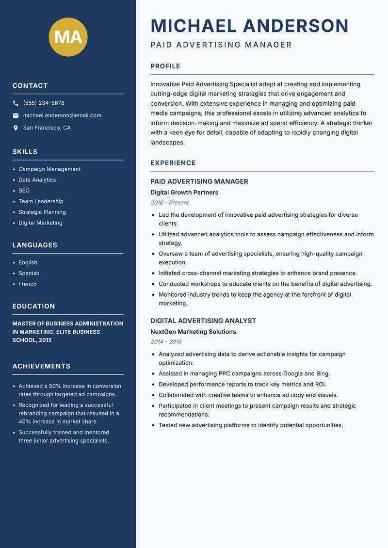 Paid Advertising Specialist resume template — Classic Clean