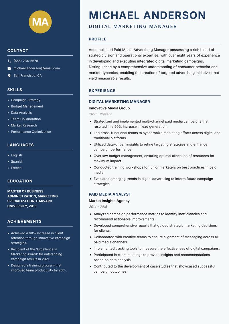 Paid Media Advertising Manager resume template — Classic Clean
