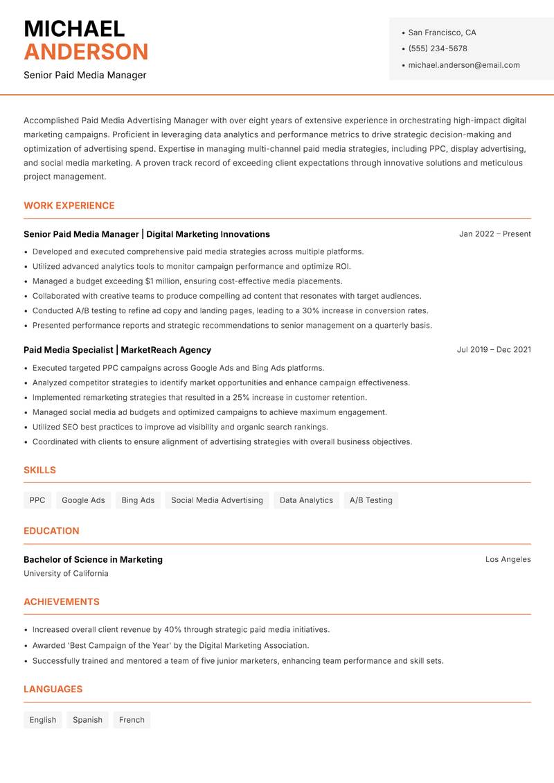 Paid Media Advertising Manager resume template — Modern Professional