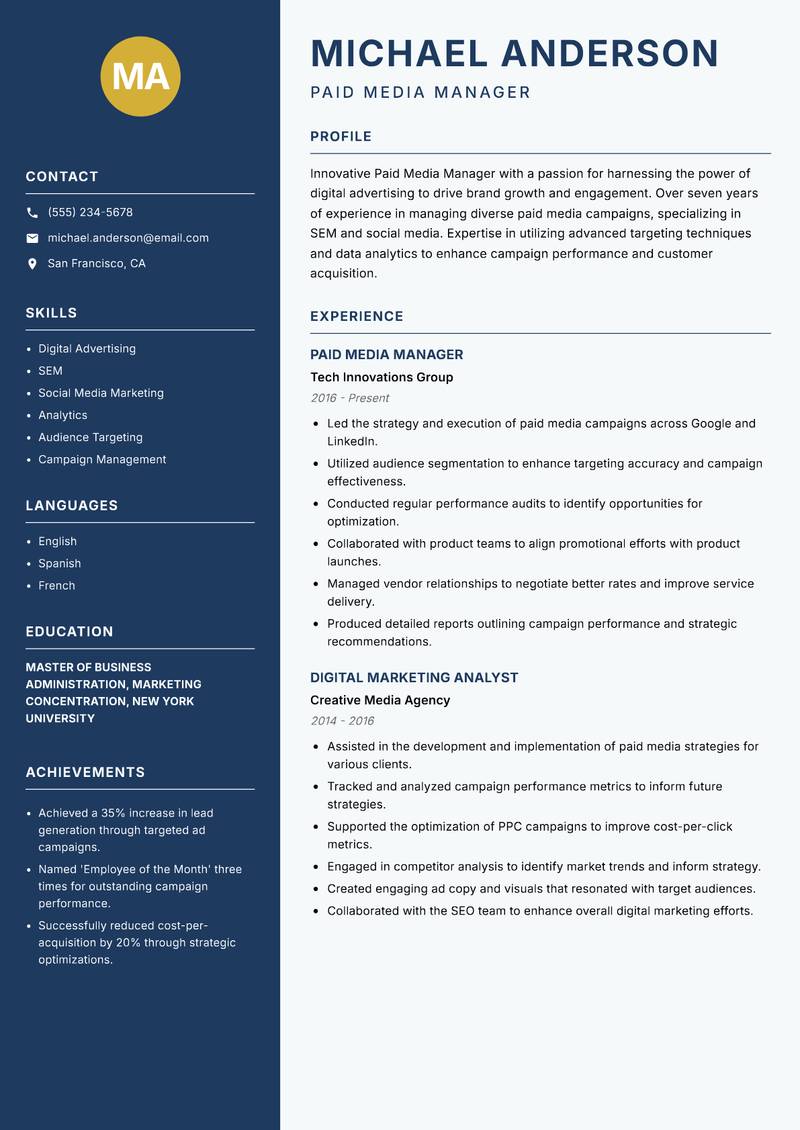 Paid Media Manager resume template — Classic Clean
