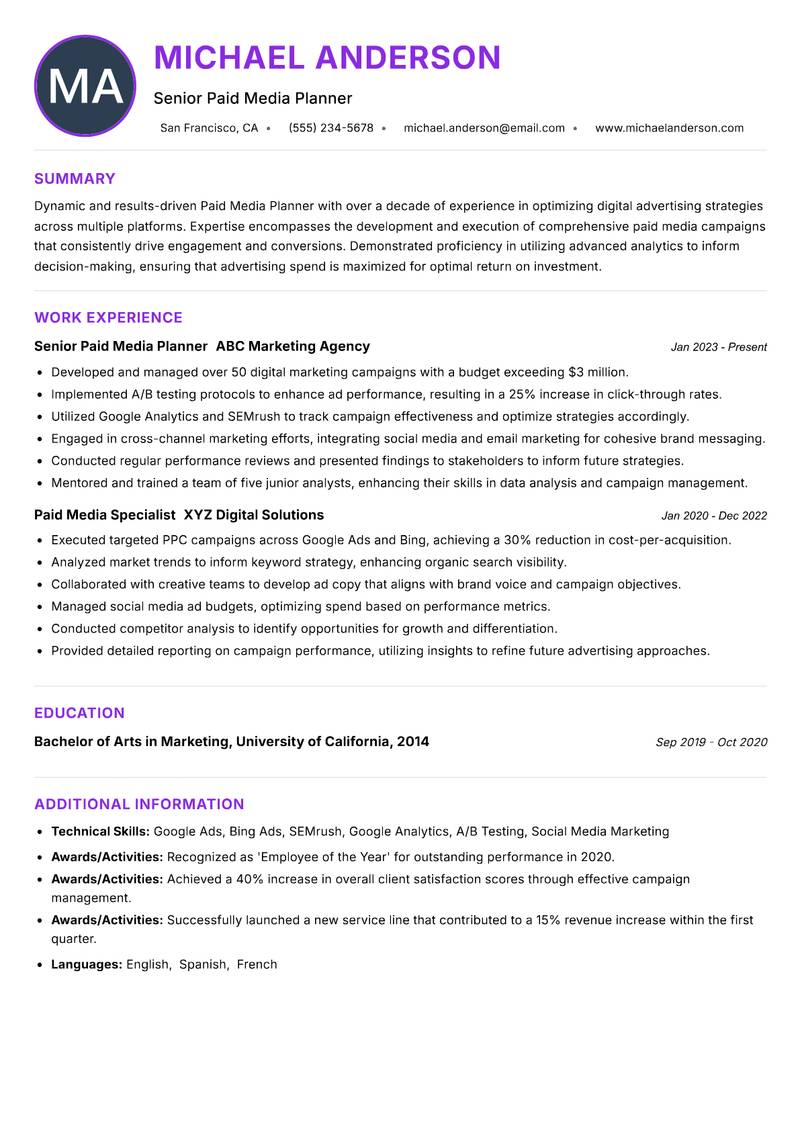 Paid Media Planner resume example — ATS-friendly template