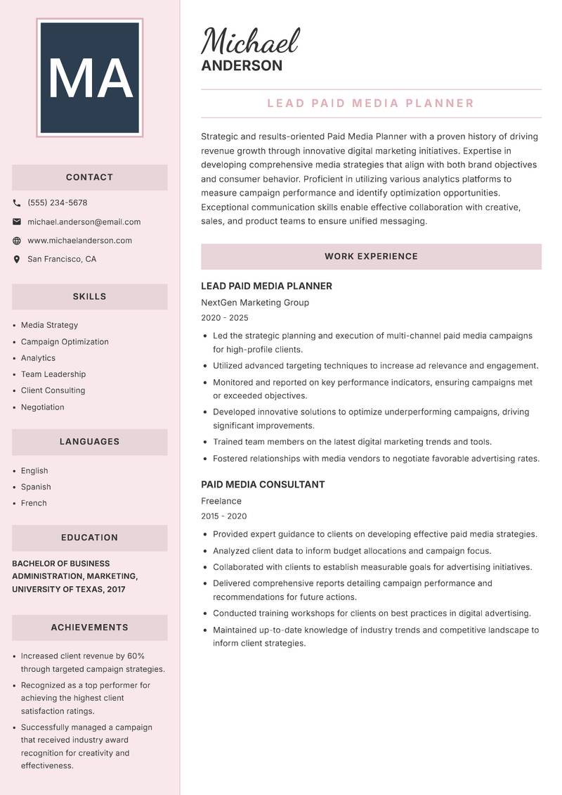 Paid Media Planner resume template — Executive