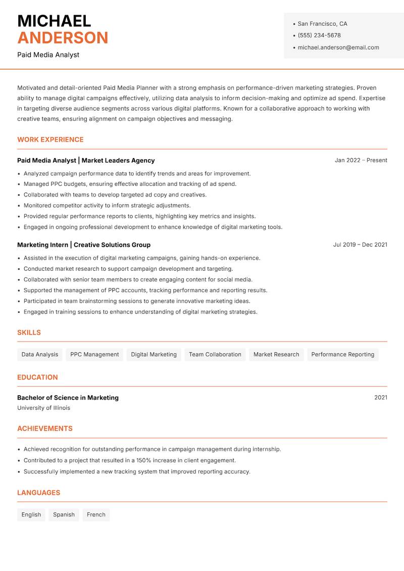 Paid Media Planner resume template — Modern Professional
