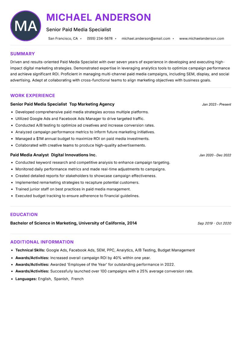 Paid Media Specialist resume example — ATS-friendly template
